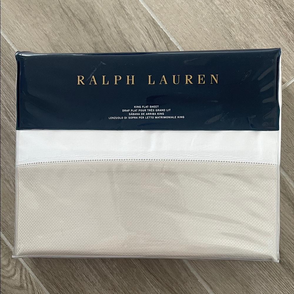 Ralph Lauren King Flat Sheet, White with Beige Border